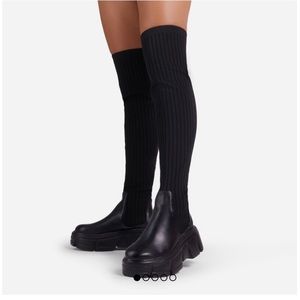 KNITTED CHUNKY SOLE OVER THE KNEE THIGH HIGH LONG BOOT IN BLACK FAUX LEATHER